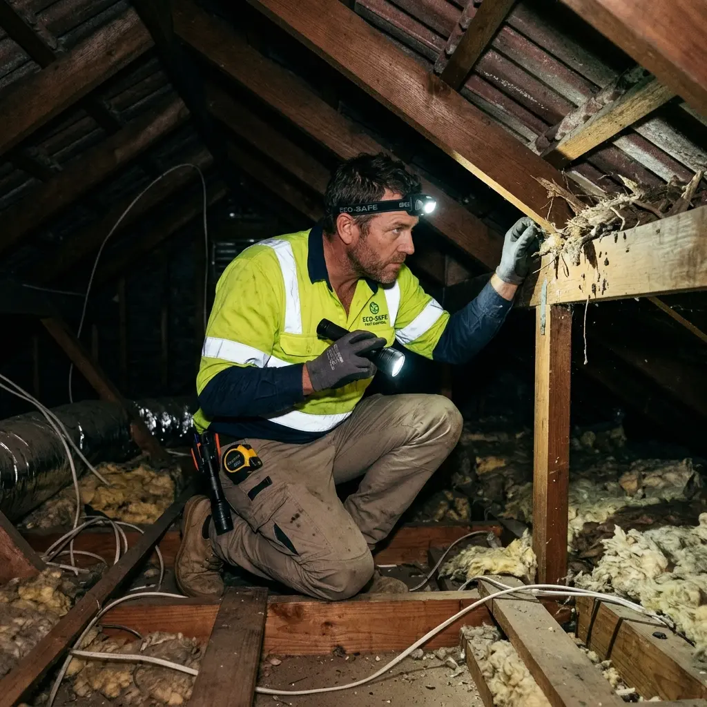 Technician inspecting a roof cavity for a dead animal in Officer