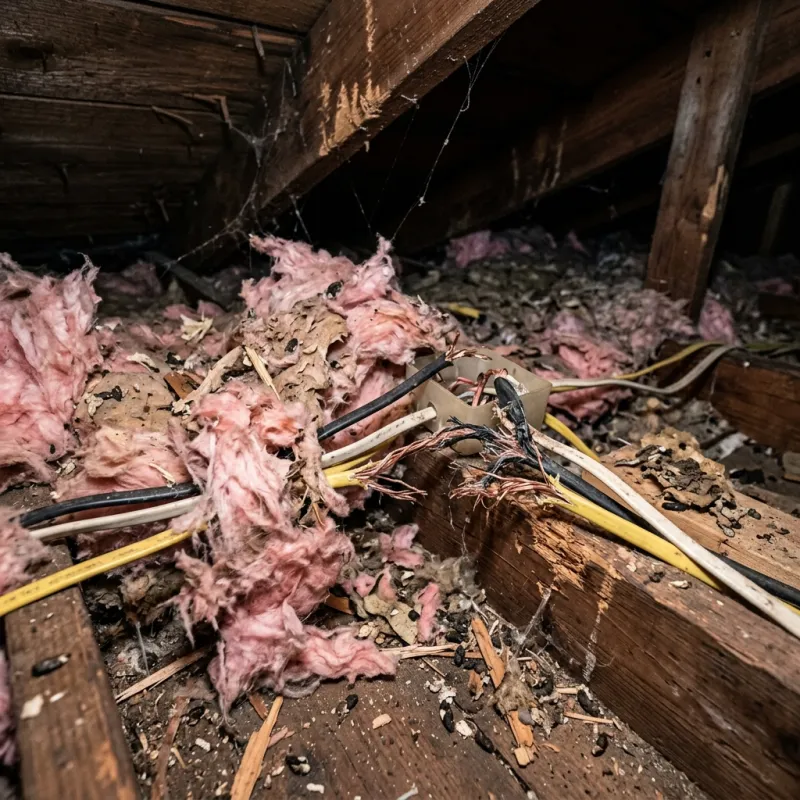 Contaminated ceiling insulation being assessed in a Officer roof space