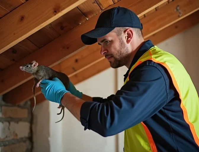 Technician inspecting a roof cavity for a dead rat in Officer